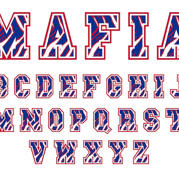 Buffalo Mafia Red, White and Blue Zubaz Pattern Varsity Letter Font Digital Files for Download