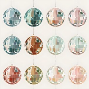 May include: Twelve disco ball ornaments hanging from strings against a white background. The ornaments are in various colors, including pink, green, blue, and brown.
