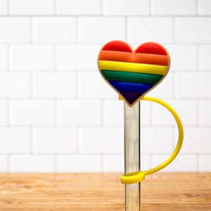 May include: A rainbow heart-shaped silicone straw topper with a yellow silicone strap. The straw topper is attached to a clear glass straw.