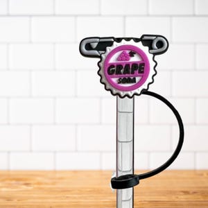 Silicone Straw Topper or Pencil Topper Stanley Tumbler or Water Bottle Accessories- Grape Soda Badge