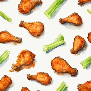 May include: A seamless pattern featuring watercolor illustrations of chicken wings and celery stalks. The chicken wings are a vibrant orange color and are glazed with a shiny sauce. The celery stalks are a bright green color and are arranged in a diagonal pattern.