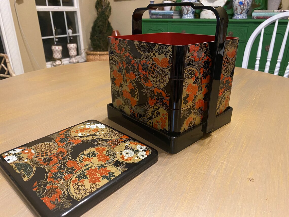 Vintage Japanese Lacquerware Stackable 3 Tiered Bento Box With Etsy
