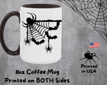 Spider and Bats in Cobweb Coffee Cup | Arachnid Lover Mug Gift | 11oz Black Accent White Ceramic Mug