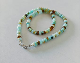 Blue Peruvian Opal Beaded Necklace: 6mm Rondelle Gemstone Jewelry