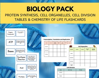 生物学パック - タンパク質合成、細胞小器官、細胞分裂の表と生命の化学のフラッシュカード