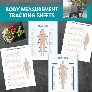 May include: Body measurement tracking sheets with the text "BODY MEASUREMENT TRACKING SHEETS". The sheets include body measurement trackers with illustrations of the human body and areas to record measurements. There is also a photo of people exercising.
