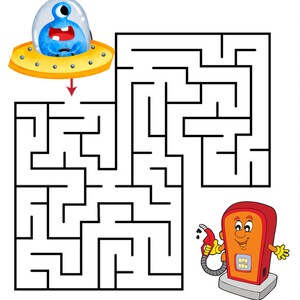 May include: A blue spaceship with a large eye and a smiling mouth is trying to navigate a maze to reach a red gas station with a smiling face and a gas pump.