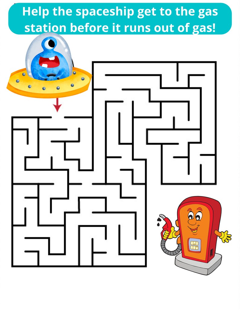 May include: A blue spaceship with a large eye and a smiling mouth is trying to navigate a maze to reach a red gas station with a smiling face and a gas pump.