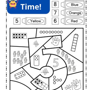 May include: A black and white printable worksheet for kids to color in. The worksheet features a number 5 with different ways to represent the number 5, including dots, fingers, and candy.