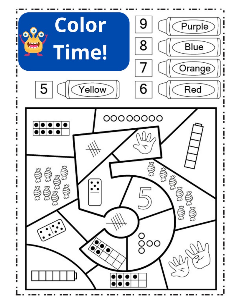 May include: A black and white printable worksheet for kids to color in. The worksheet features a number 5 with different ways to represent the number 5, including dots, fingers, and candy.