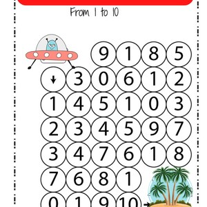 May include: A math maze for kids featuring a cartoon spaceship and a palm tree island. The maze is designed to help children learn to count from 1 to 10. The numbers 1 through 10 are arranged in a grid pattern, and the goal is to find a path from the spaceship to the island by following the numbers in order.
