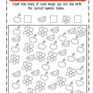 May include: A black and white worksheet with a monster at the top. The worksheet asks the user to count the number of apples, watermelons, and flowers in the image. There are 10 apples, 10 watermelons, and 10 flowers.