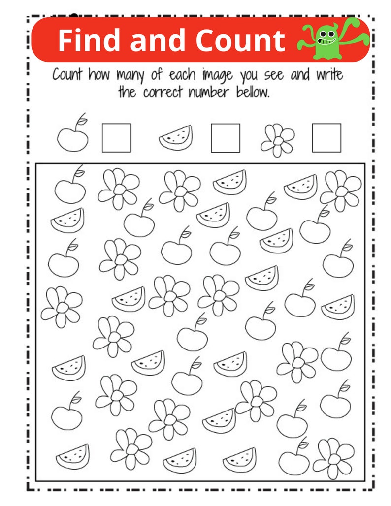 May include: A black and white worksheet with a monster at the top. The worksheet asks the user to count the number of apples, watermelons, and flowers in the image. There are 10 apples, 10 watermelons, and 10 flowers.