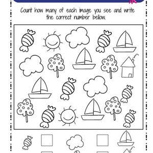May include: A black and white worksheet with a counting activity for kids. The worksheet features images of candy, clouds, trees, sailboats, suns, and houses. The instructions ask the child to count how many of each image they see and write the correct number below.