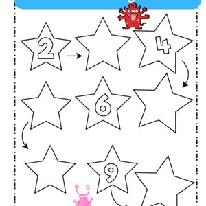 May include: A worksheet with a number sequence puzzle.  The puzzle features stars with numbers 2, 4, 6, and 9.  The user is asked to write in the missing numbers in the blank stars.  The worksheet features two cartoon monsters.