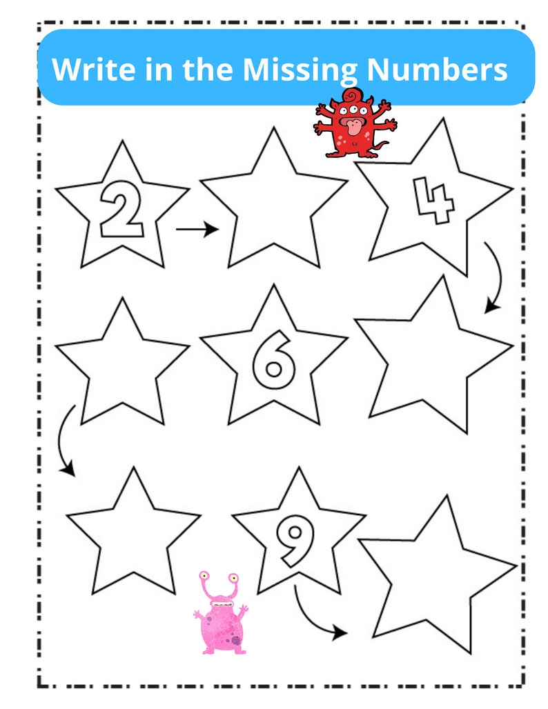May include: A worksheet with a number sequence puzzle.  The puzzle features stars with numbers 2, 4, 6, and 9.  The user is asked to write in the missing numbers in the blank stars.  The worksheet features two cartoon monsters.