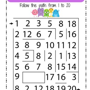 May include: A colorful math maze with a grid of numbers from 1 to 20. The instructions are to follow the path from 1 to 20. The maze is decorated with cartoon monsters.
