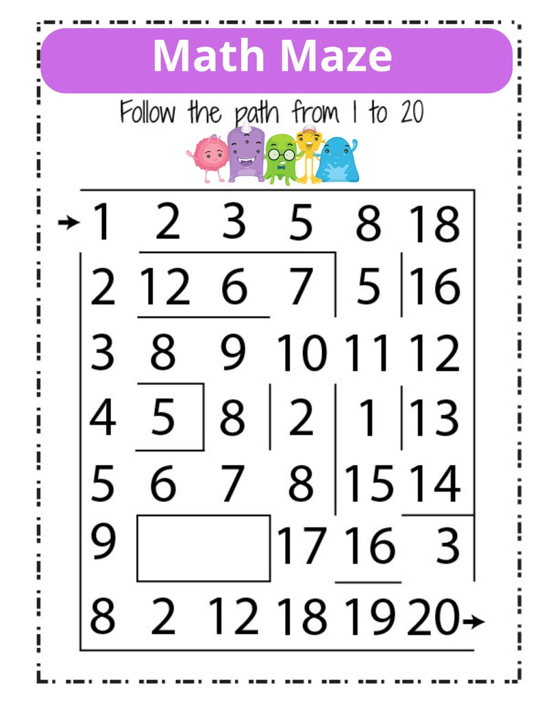 May include: A colorful math maze with a grid of numbers from 1 to 20. The instructions are to follow the path from 1 to 20. The maze is decorated with cartoon monsters.