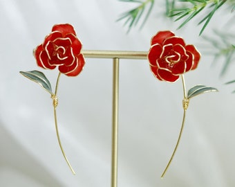 Handmade Resin Red Rose Dangle Earrings, Floral Bridal Jewelry