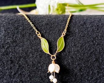 Lily of the Valley Pearl Necklace, Resin Floral Bridesmaid Jewelry