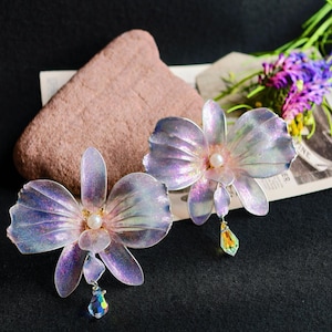 Blue Purple Orchid Earring, Clip On Flower Earring, Dangle Drop Earrings, Wedding Earrings, Orchid Earrings, Gift for Her