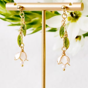 Lily Of Valley Pearl Earrings, Birth Flower Earrings, Fairycore Floral Bridal Earring Gift For Mom, Wedding Dangle Flower Botanical Jewelry
