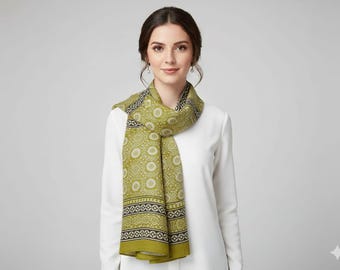 Hand Block Printed Cotton Scarf: Yellow Ethnic Design Boho Wrap