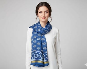 Hand Block Print Cotton Scarf: Blue Floral Boho Summer Wrap
