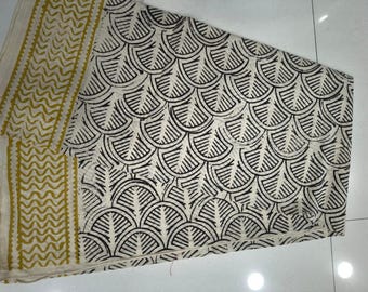 Hand Block Printed Cotton Fabric: Black Geometric Print, Mustard Border