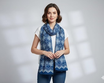 Hand Block Print Indigo Scarf: Boho Cotton Shawl, Lightweight Summer Wrap