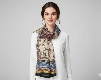 Handmade Block Print Cotton Scarf: Floral Geometric Boho Shawl