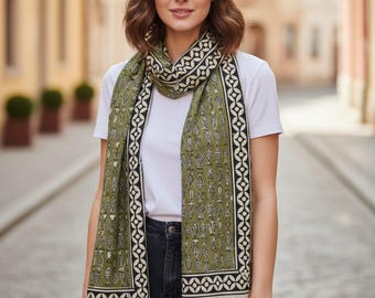 Hand Block Print Cotton Scarf | Olive Green Fish Motif, Boho Wrap (180x55cm)
