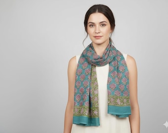 Hand Block Printed Cotton Scarf: Lightweight Floral Stole