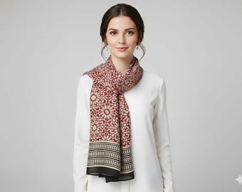 Hand Block Print Cotton Scarf: Red Floral Artisan Wrap, Lightweight Summer Stole