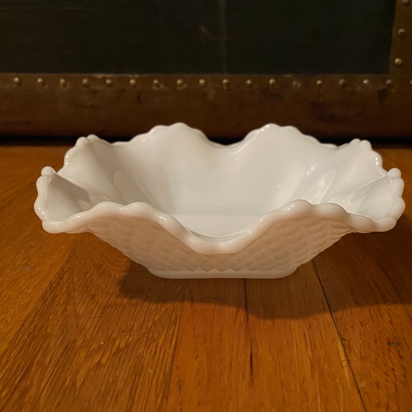 Vintage Diamond Pattern Milk Glass Candy Dish