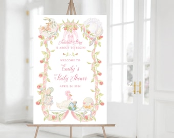 Panneau de bienvenue imprimable avec une comptine rose | Poster Mother Goose de fête de naissance (24 x 36) personnalisé pour fille | Téléchargement numérique sur commande
