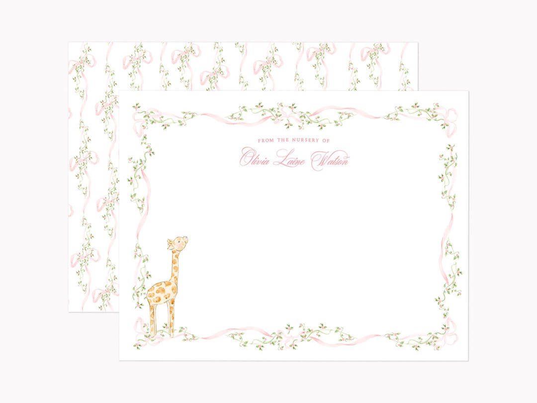 Giraffe Pink Note Cards | Printed A2 Grandmillennial Stationery With ...