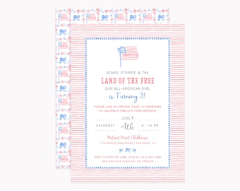 American Flag Invitations for Girls | Printed 5x7 Patriotic Americana Party Invites with Envelopes