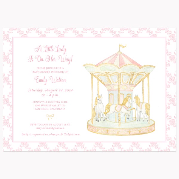 Modèle d'invitation de carrousel rose imprimable | Faire-part de baby shower modifiable de 7 x 5 pouces pour petite fille | Téléchargement numérique instantané