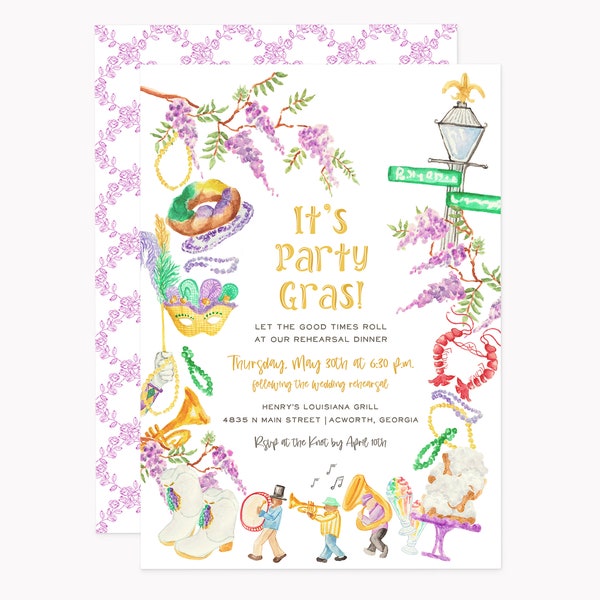 Printed Mardi Gras Invitation Set | Personalized 5x7 Fat Tuesday Masquerade Party Invitations with White Envelopes