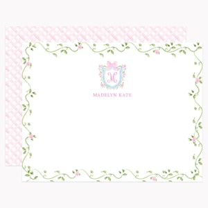 Pink Bow Floral Crest Stationery Set | Custom Monogram Baby Shower Note Cards | Personalized A2 Flat Stationary with Envelopes