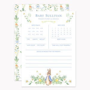 May include: Baby shower prediction and advice cards featuring a watercolor design with floral and bunny illustrations. The cards include spaces for birth details, advice, and wishes for the parents. The text reads "Baby Sullivan Predictions & Advice."