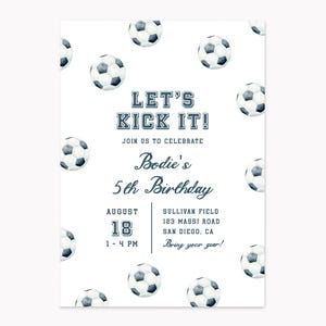 May include: White invitation card with soccer ball illustrations. The text reads "LET'S KICK IT!" and invites guests to celebrate Bodie's 5th birthday on August 18th at Sullivan Field in San Diego, CA.