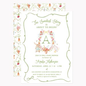 Whimsical Peter Rabbit Invitations | Printed 5x7 Spring Floral Crest Party Invites with Envelopes