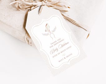 White Stork Gift Tag Set | Custom 2.25x4 Gender Neutral Baby Shower Party Favors | Personalized Hang Tags