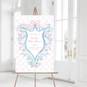 Printable Spring Floral Crest Welcome Sign | Custom 24x36 Preppy Grandmillennial Party Poster | Made-to-Order Digital Download