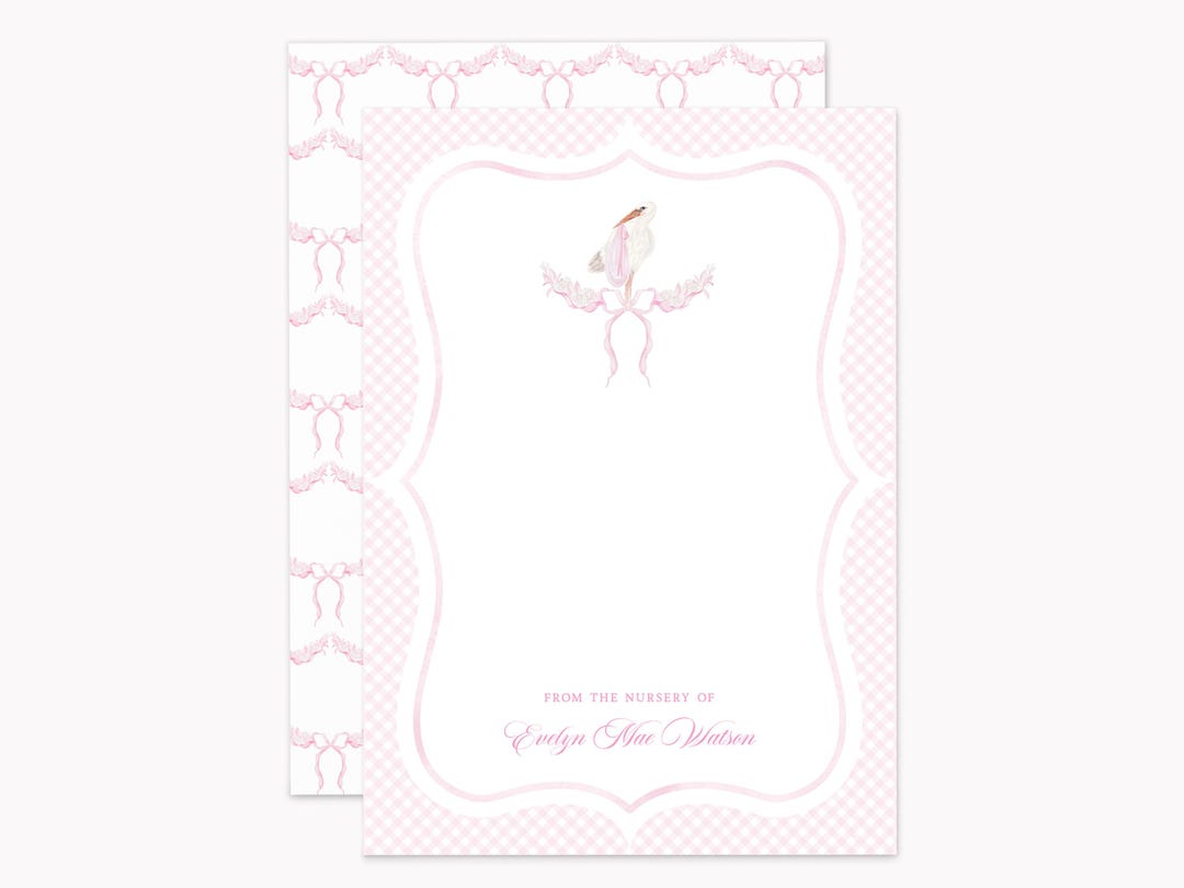 Printed Baby Stork Stationery Set | Custom Pink Baby Shower Note Cards ...