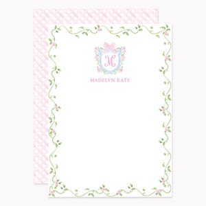 Pink Bow Floral Crest Stationery Set | Custom Monogram Baby Shower Note Cards | Personalized 5x7 Flat Stationary with Envelopes
