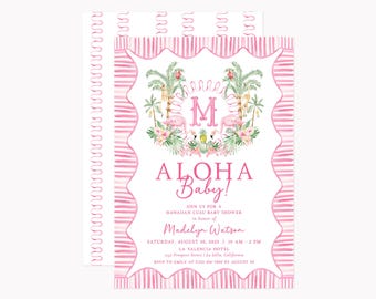 Tropical Crest Monogram Invitation Set | Custom Hawaiian Luau Summer Party Invitations | Personalized 5x7 Invites with Envelopes
