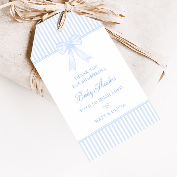 Printed Blue Bow Gift Tag Set | Baby Shower Favor Tags for Baby Boy | Personalized Hang Tags